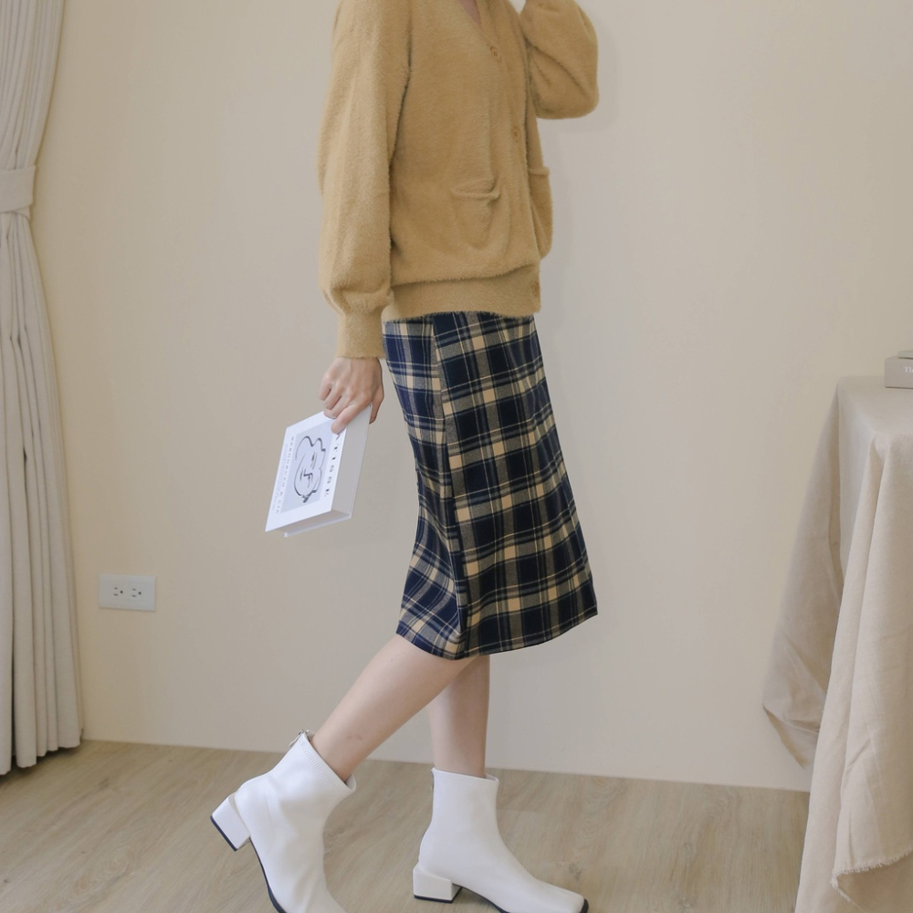 【Our Studio】復古格紋後開衩長裙 藍黃色 藍白色(現貨)