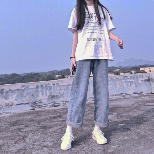 牛仔褲女寬松韓版學生高腰直筒垂感闊腿新款褲子女秋季新款顯瘦潮