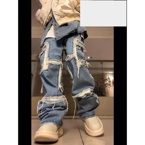 美式高街墜感闊腿牛仔褲男潮牌街頭嘻哈寬鬆刮爛須拼接老爹褲潮