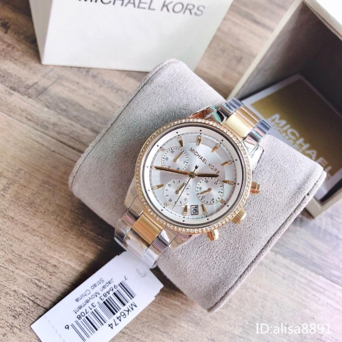 Michael Kors手錶女 大直徑休閒通勤三眼計時日曆石英錶 間金鋼帶錶 鑲鑽時尚百搭女錶 歐美精品錶MK6475