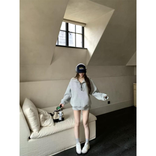 【 ♡ Pink room♡ 】慵懶風灰色翻領拉鍊長袖衛衣女秋冬顯瘦休閒褲短褲兩件套