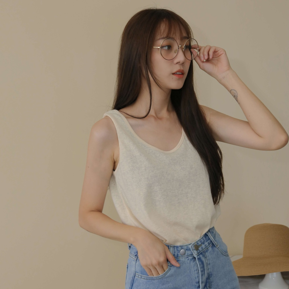 【Our Studio】U領透氣竹節棉背心 白色 黑色 杏色 芥末綠色(現貨)