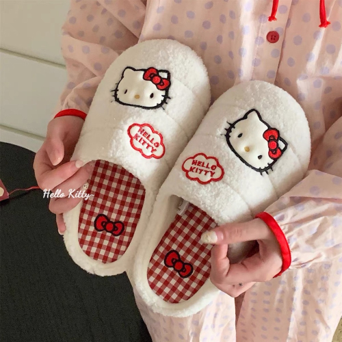 正品 防滑軟底毛毛鞋 撞色格紋Hello Kitty貓咪保暖棉拖鞋 拖鞋