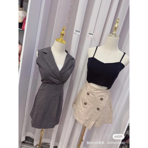 ???現貨實拍 翻領連身褲 細肩假兩件連身褲 洋裝套裝彩色方塊 ootd aifei