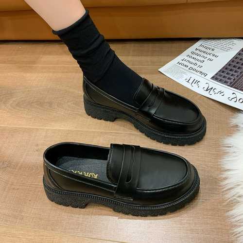 英倫風小皮鞋女2021秋季新款復古圓頭厚底單鞋一腳蹬軟底jk樂福鞋