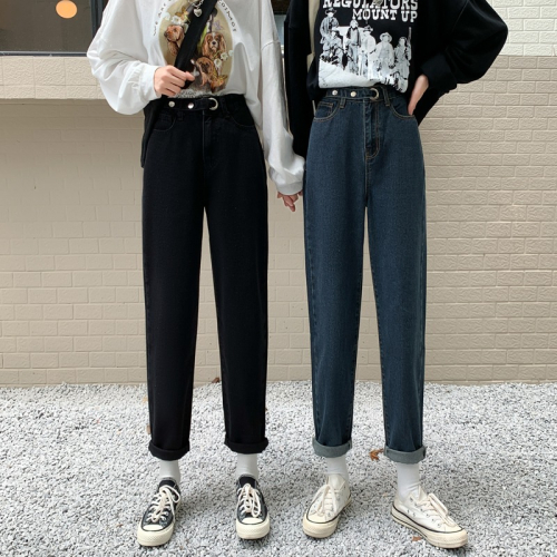 牛仔褲女春季2022新款小個子直筒煙管老爹褲高腰大碼哈倫九分褲子