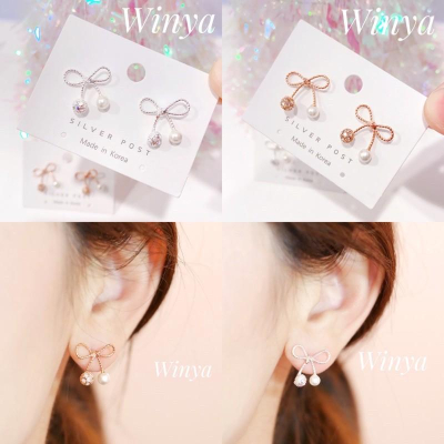 【winya 韓國飾品 現貨 】正韓 蝴蝶結彩鑽耳環 限量現貨