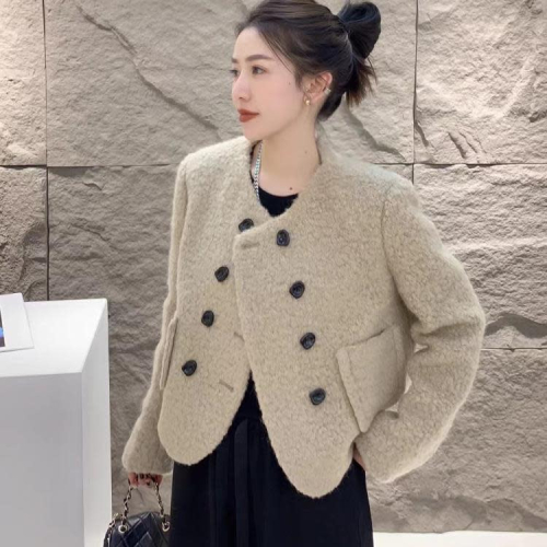 DearGod正韓女裝歐洲站2022秋季名媛風圓領雙排扣短款小個子粗花呢藍色小香外套女
