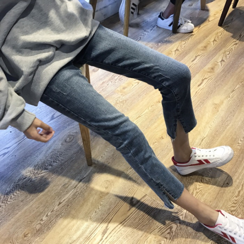 春夏大碼胖妹妹牛仔褲女彈力直筒褲高腰顯瘦學生九分不規則小腳褲