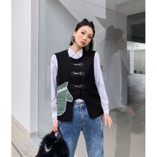 DearGod正韓女裝黑色盤扣坎肩女2022秋季新復古法式拼接撞色馬甲金屬盤扣無袖外套