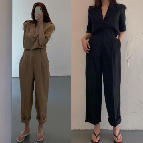 DearGod正韓女裝西裝套裝女2022春季韓國兩件套小香風闊腿工裝褲棉麻薄款網紅套裝